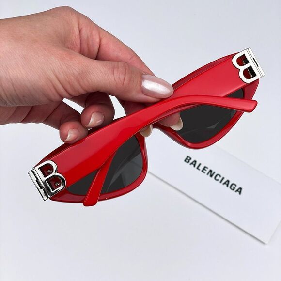 Balenciaga BB0095S 016 Sunglasses Red Silver Logo Grey Cat Eye Unisex - Picture 5 of 13